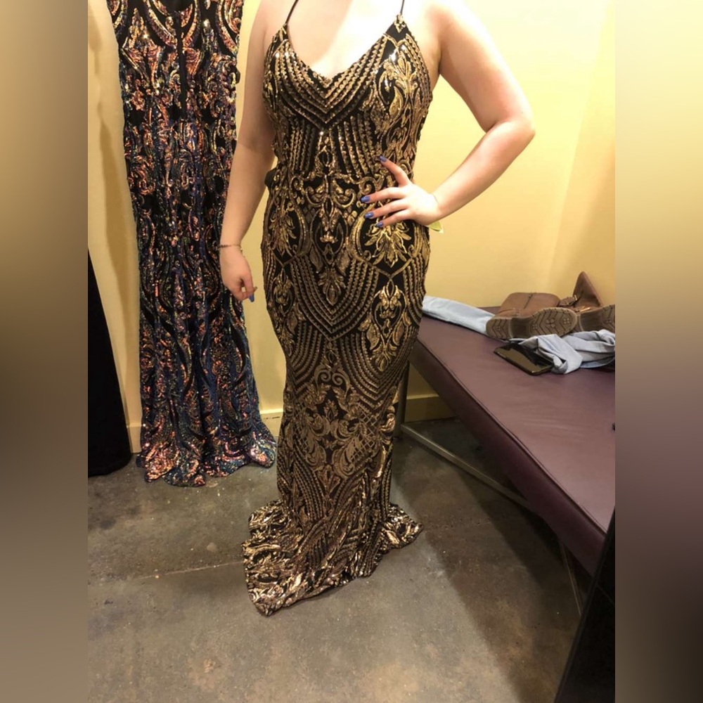 Windsor Prom Gold and Black Glamorous Long Dress